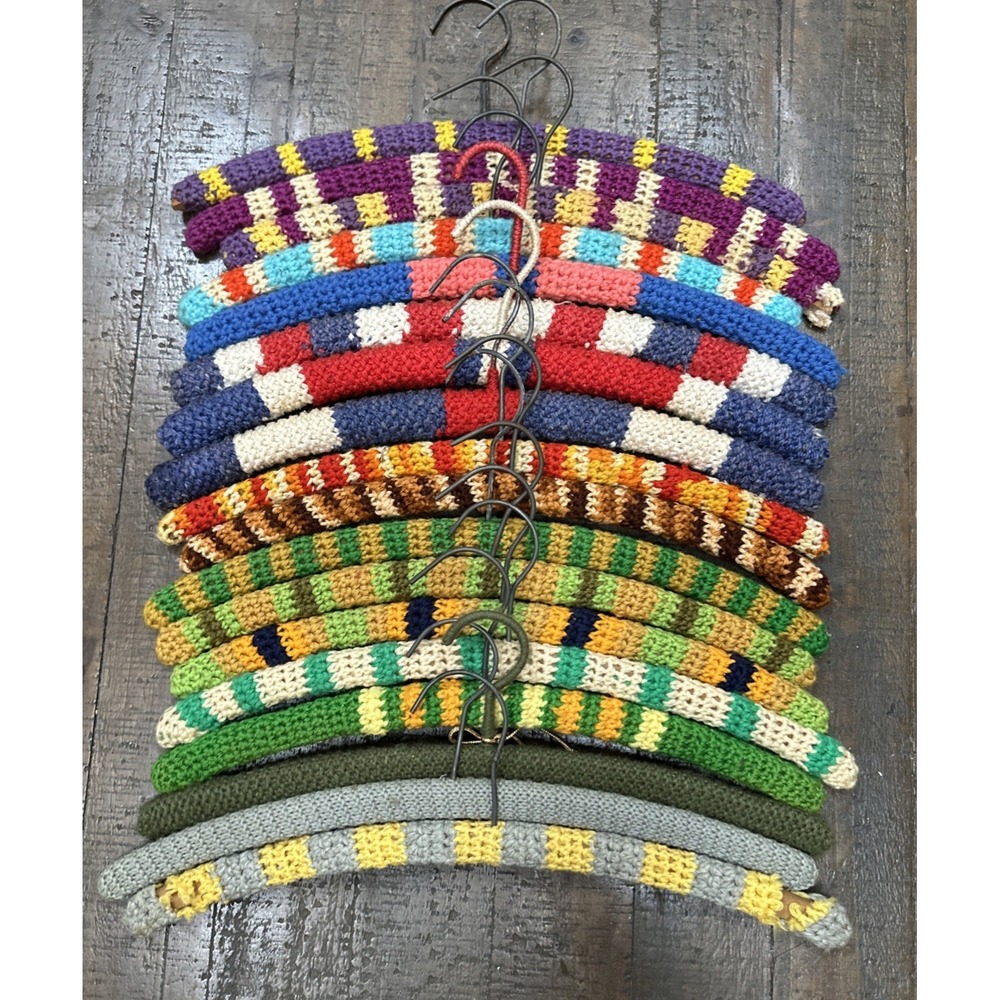 Lot 18 Vintage Crochet Covered Wooden Clothes Hangers Colorful Grannycore
